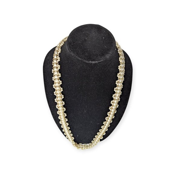 Gold Tone & Faux Pearl Woven Strand Necklace Adjustable Length - Picture 5 of 7